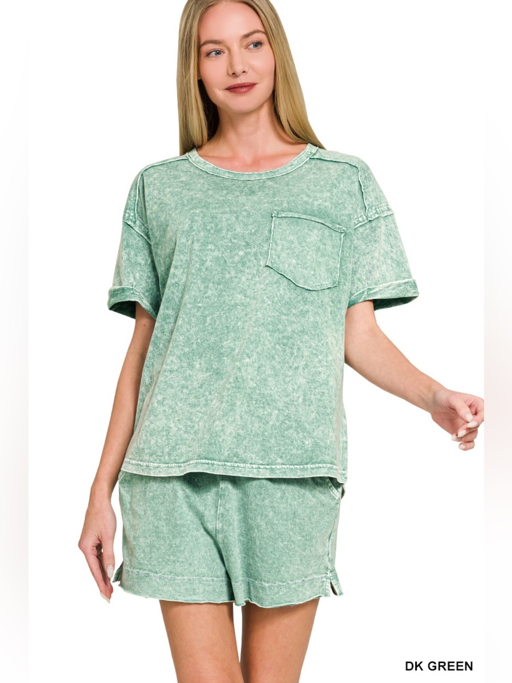 Zenana Snow Washed Top & Shorts Set Green Exposed Seam Lounge Set S M L🛍️